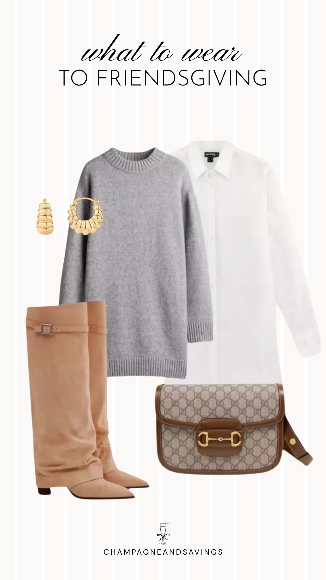 Friendsgiving outfit idea featuring a cozy sweater layered over a shirt dress with tan boots, styled together in a fall fashion collage for a comfortable and effortlessly chic holiday gathering.