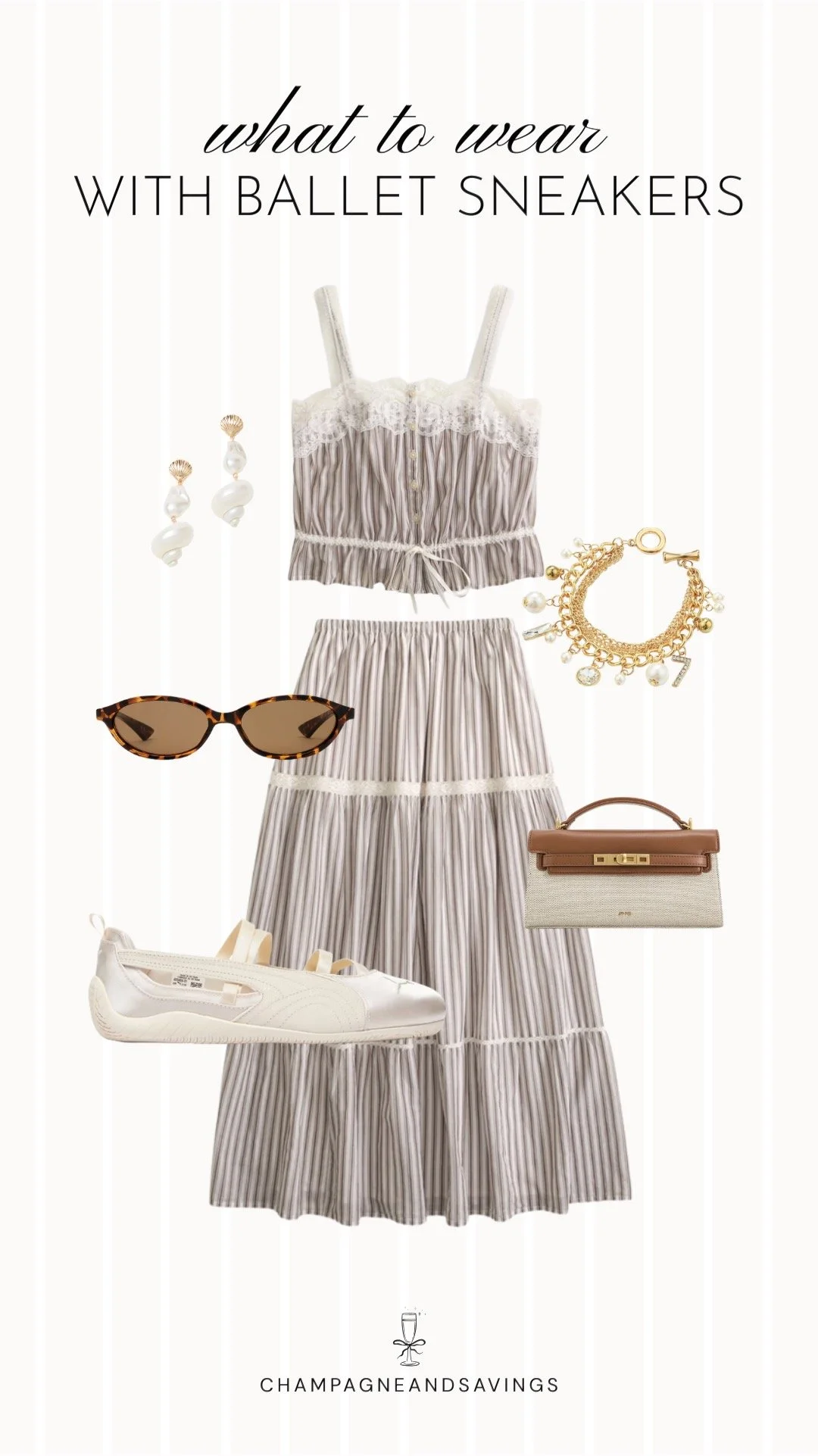 Collage of outfit pieces featuring ballet sneakers paired with a striped matching set for a coordinated outfit that feels comfortable, stylish, and effortlessly put together.