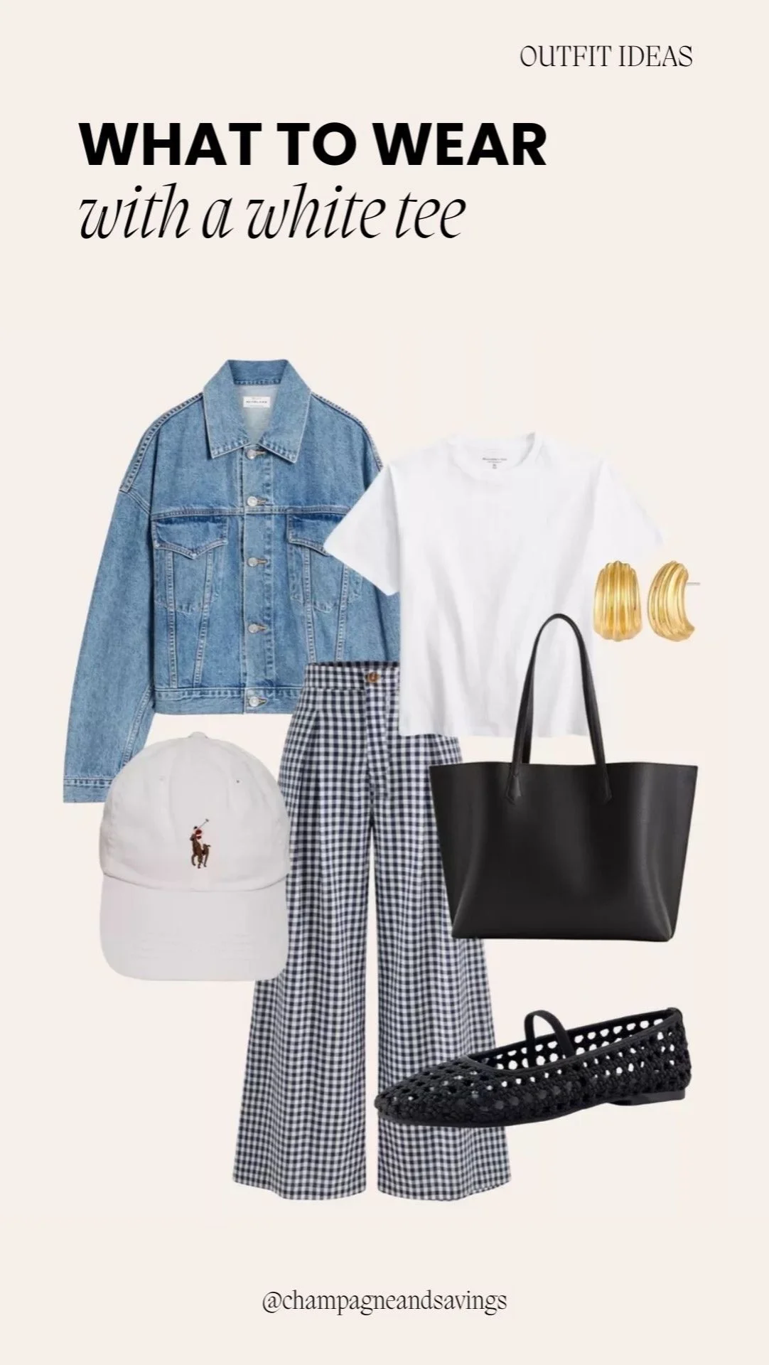 Plain white t-shirt styled with a denim jacket and gingham pants for a casual, playful, and effortlessly chic outfit.