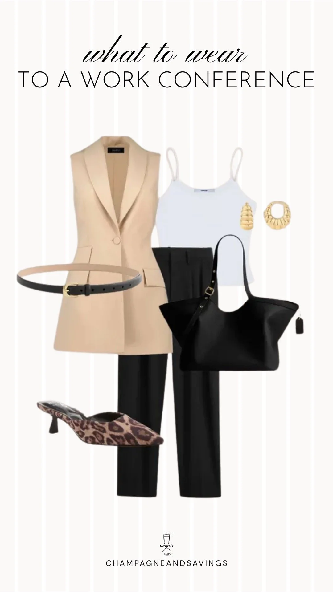 Collage of work conference outfit pieces featuring a longline vest, black trousers, and leopard print mules for a chic, modern professional look with a stylish touch.