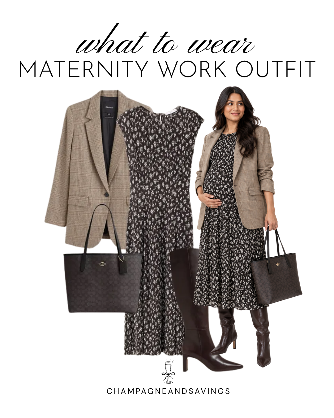 Maternity work outfit idea featuring a floral dress paired with a plaid blazer, shown in a collage of outfit pieces for a chic, comfortable, and professional pregnancy-friendly look.