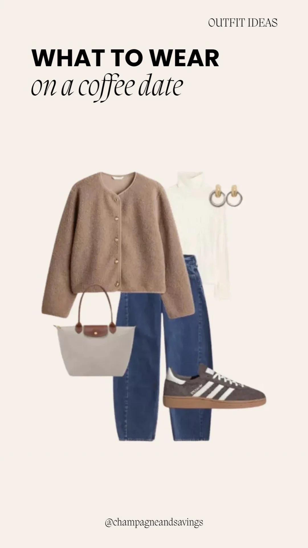 Coffee date outfit ideas collage featuring styled pieces including a cozy cardigan and straight jeans for a casual, effortless café look