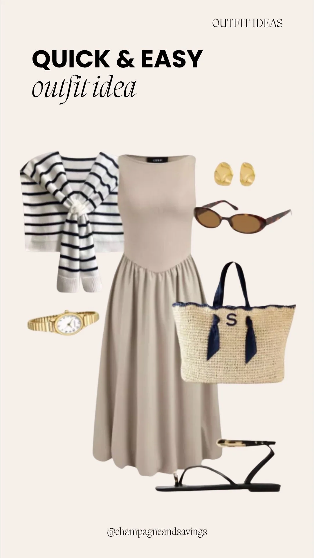 Collage of outfit pieces featuring a striped sweater, neutral midi dress, and flat sandals for a layered, effortless spring look.