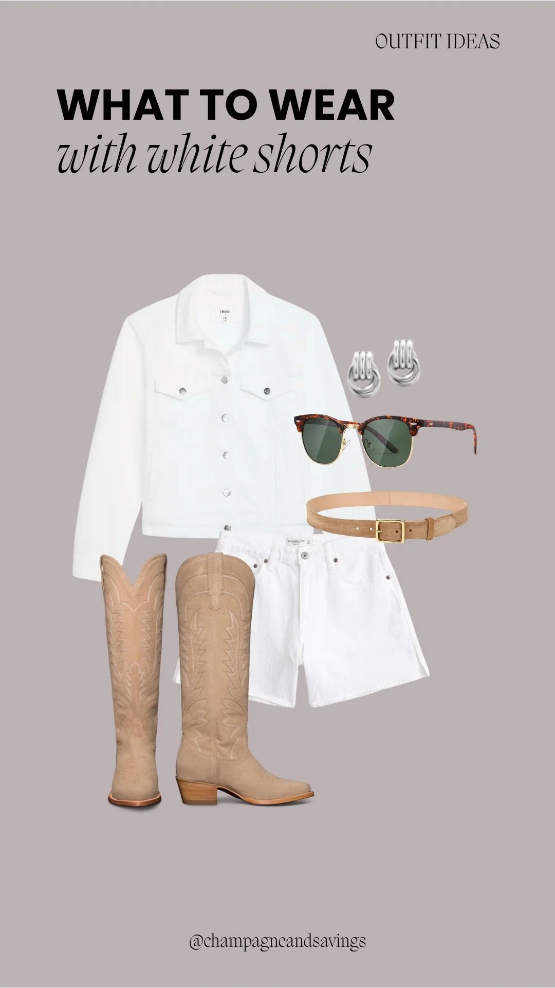 Collage of outfit pieces featuring white shorts styled with a white denim jacket and cowboy boots for a trendy, western-inspired look.