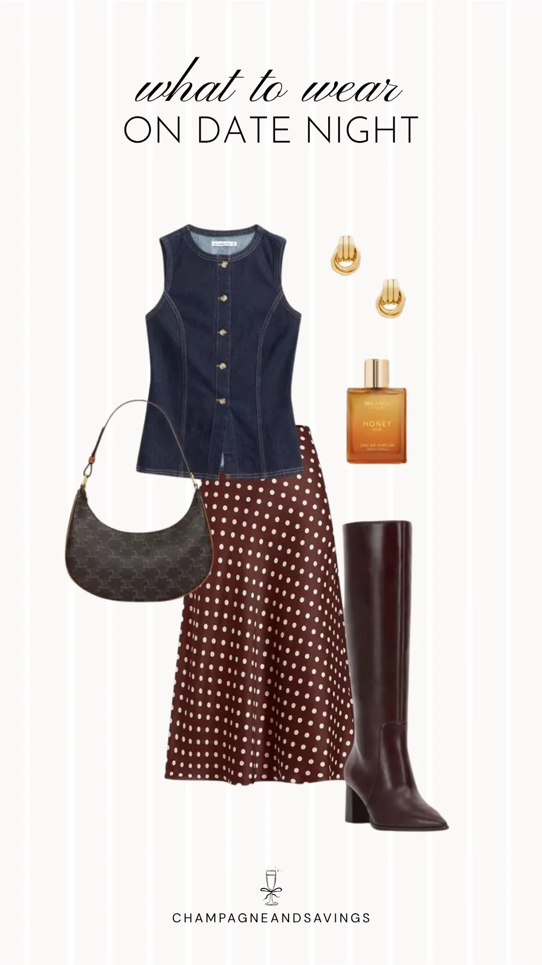 Collage of outfit pieces featuring a denim vest styled with a polka dot midi skirt and knee high boots for a trendy and feminine fall date night outfit idea.