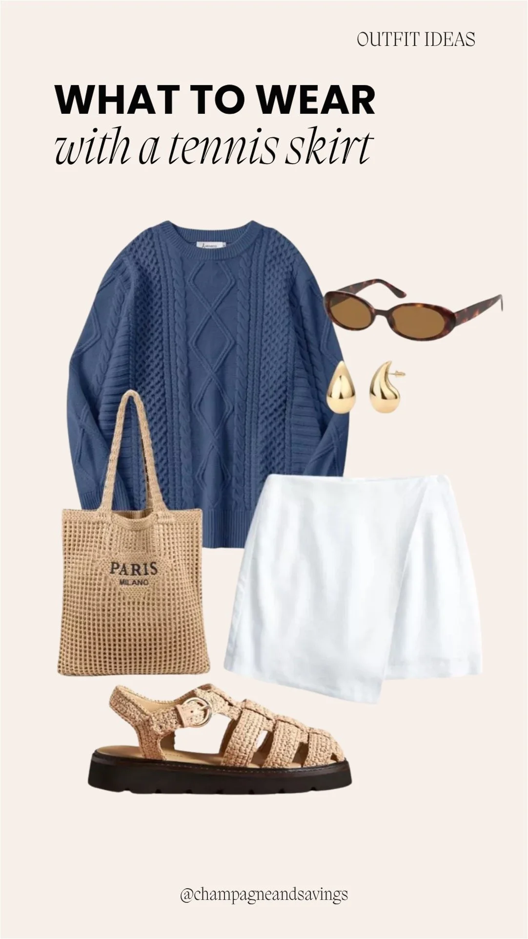 Tennis skirt outfit collage featuring a pleated tennis skirt styled with a cable knit sweater and woven sandals for a cozy, relaxed look.