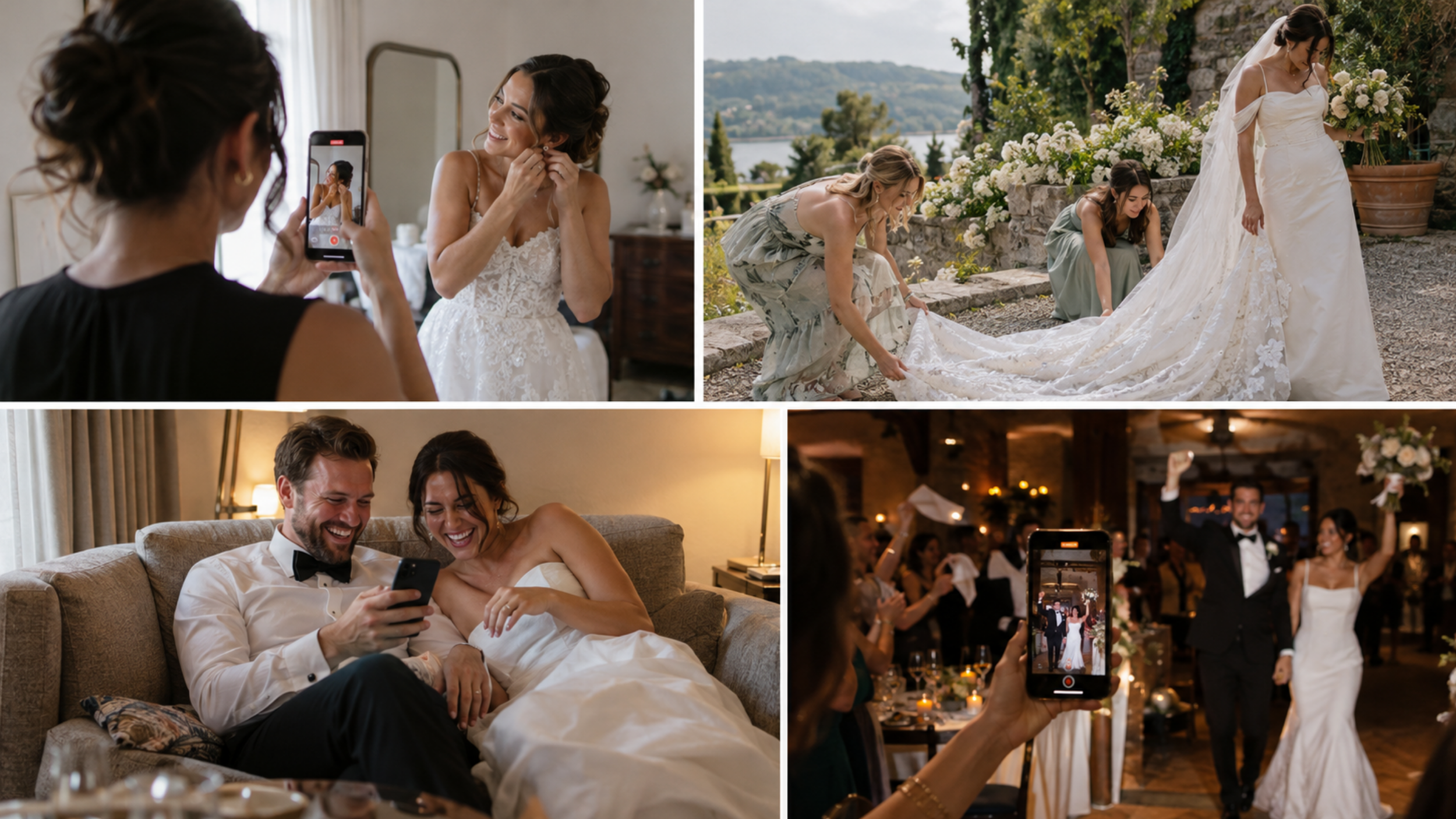 Wedding content creation collage showing smartphone filming, bridal preparations, and newlyweds watching clips together.