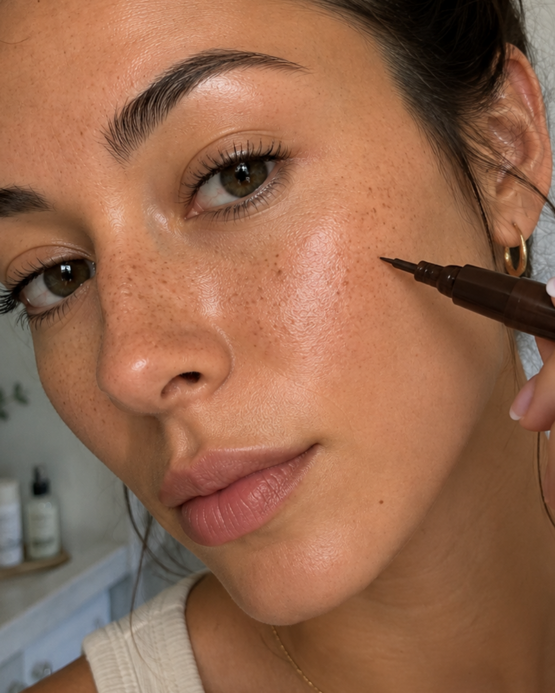 Image of woman applying viral TikTok trend of Faux Freckles.