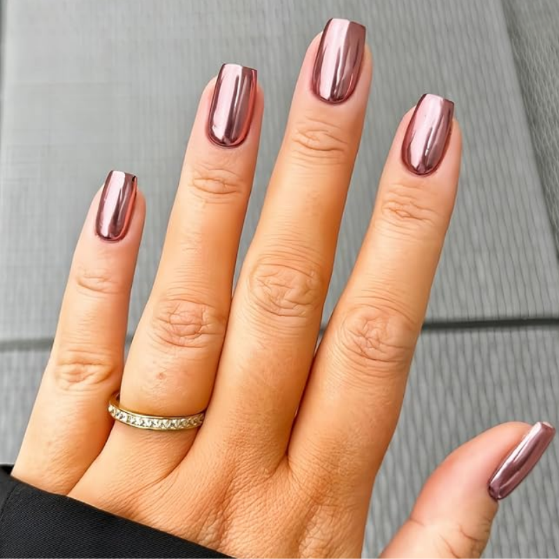 Fall chrome nail idea featuring rose gold mirror polish