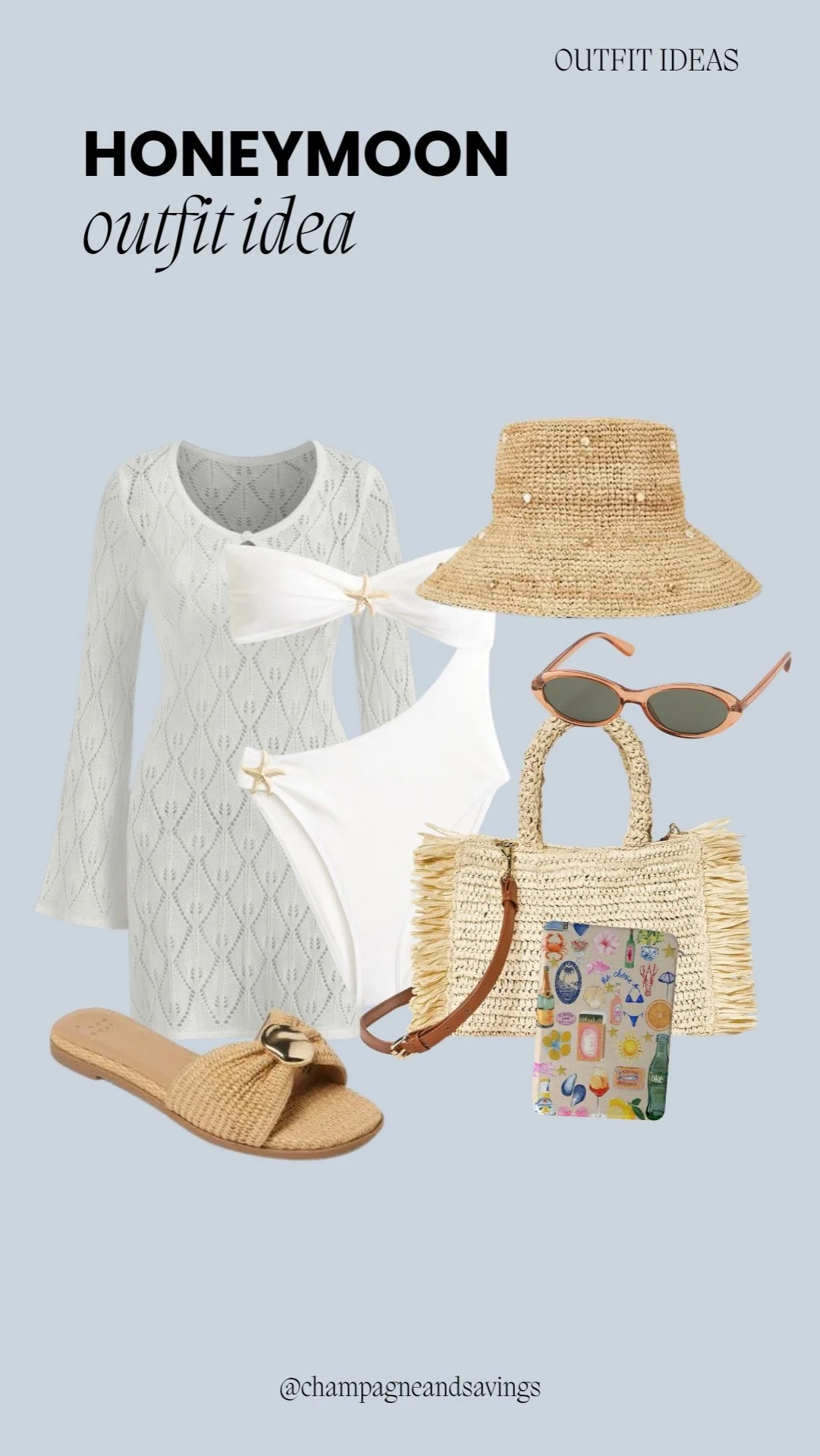 Honeymoon outfit idea collage featuring a white knit cover-up paired with a bikini, styled with accessories for a relaxed and beach-ready bridal vacation look.