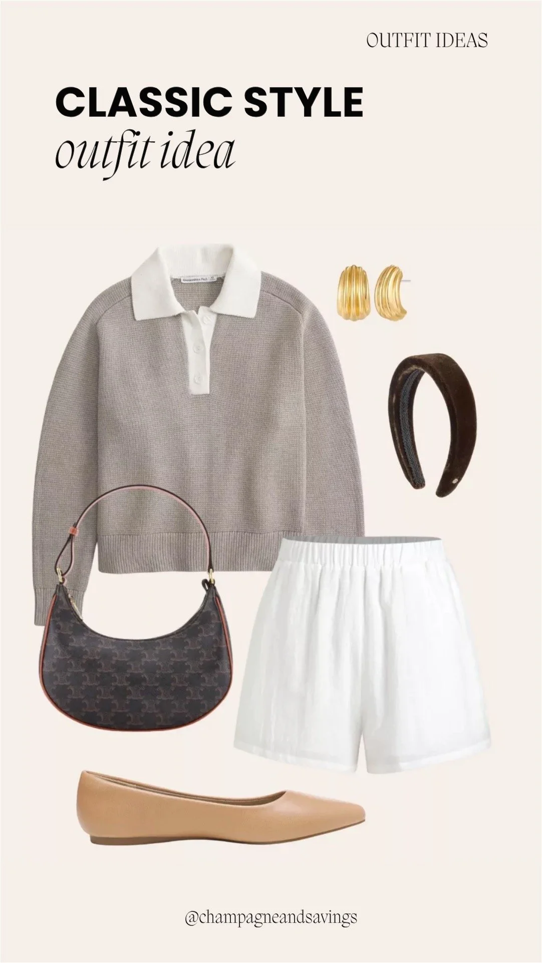 Image of a classic outfit collage featuring a grey polo sweater, white shorts, and pointed toe flats styled together with coordinating accessories arranged as outfit pieces