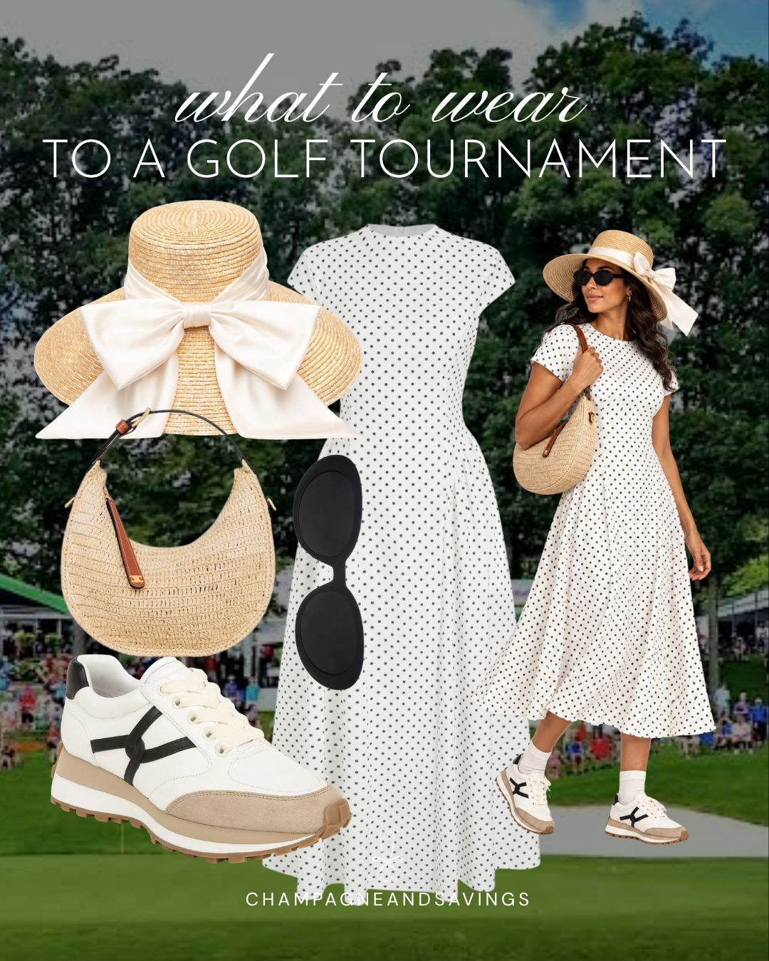 Cute golf tournament spectator outfit idea featuring a polka dot midi dress and straw hat, shown in a collage of outfit pieces for a stylish day on the course.