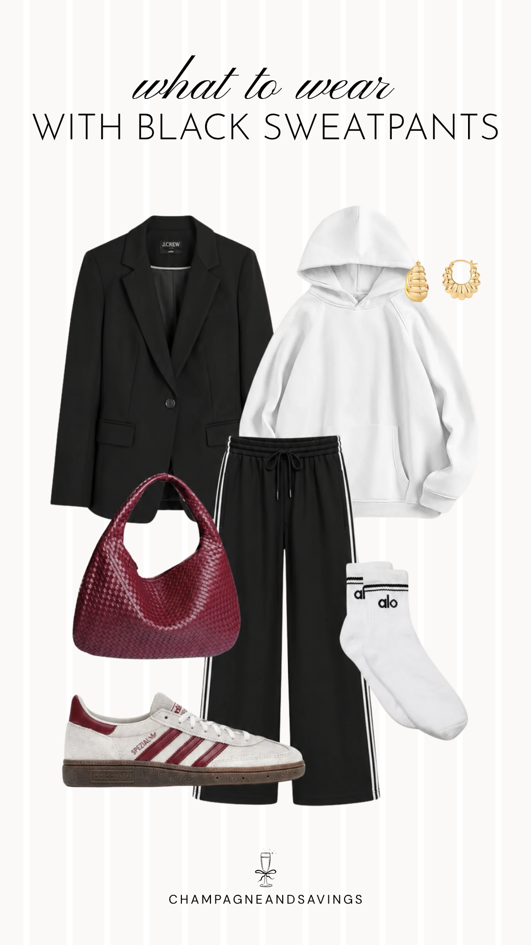 Black sweatpants outfit idea collage featuring a blazer layered over an oversized hoodie with black track pants for a casual, put-together look.