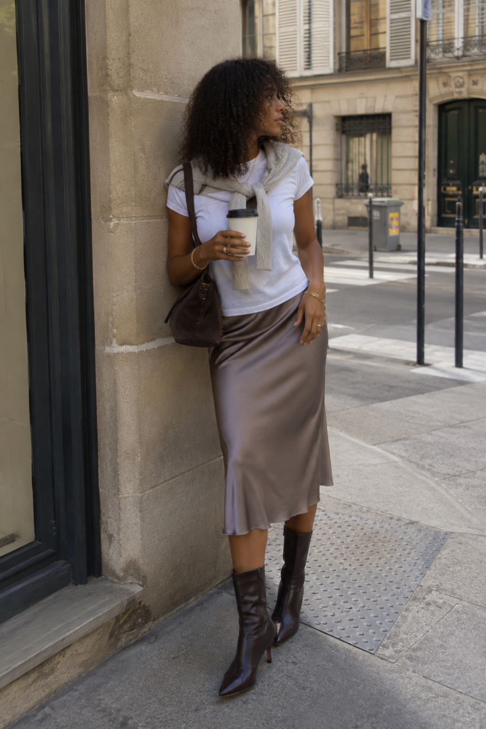 trendy woman wearing a sweater around her shoulders, a satin skirt and boots leaning against a building