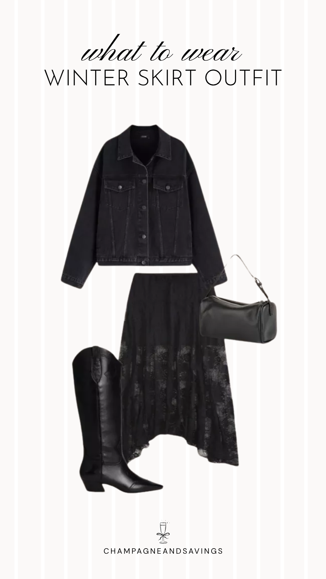 Black lace skirt and denim jacket winter outfit idea with layered pieces and accessories for a chic cold-weather look.