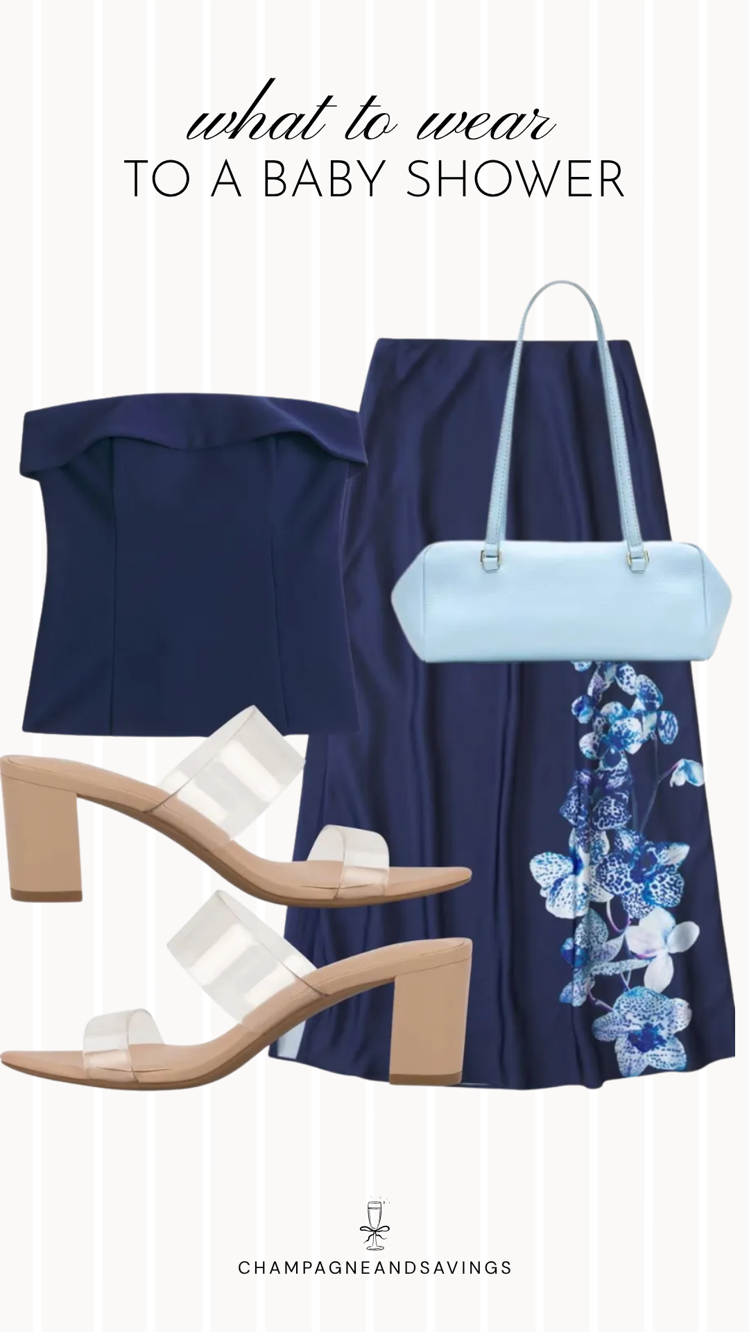 Collage of outfit pieces featuring a navy corset top paired with a floral trim skirt, coordinating shoes, handbag, and accessories for a chic and trendy baby shower guest outfit idea.