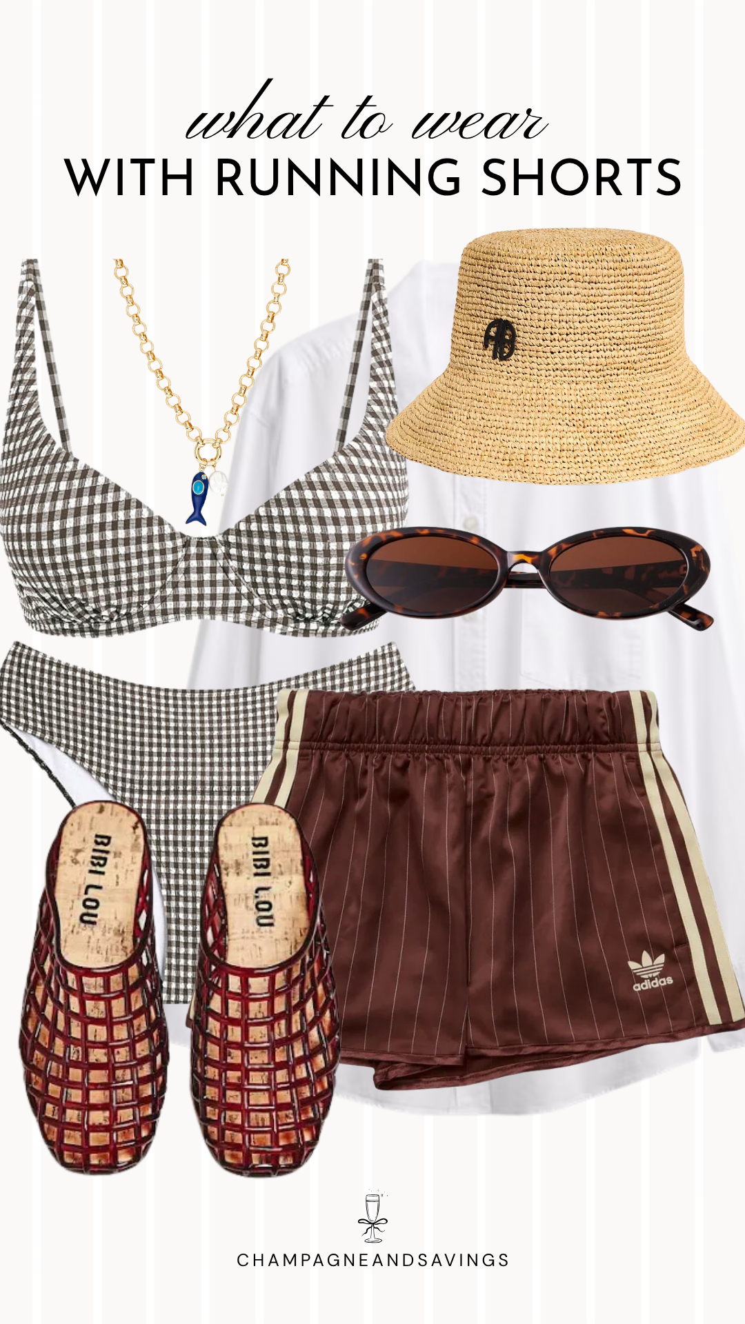 A chic track shorts outfit featuring athletic track shorts styled with a bikini top and an oversized button-down shirt, creating a relaxed, beach-ready look perfect for vacations, pool days, or summer outings.