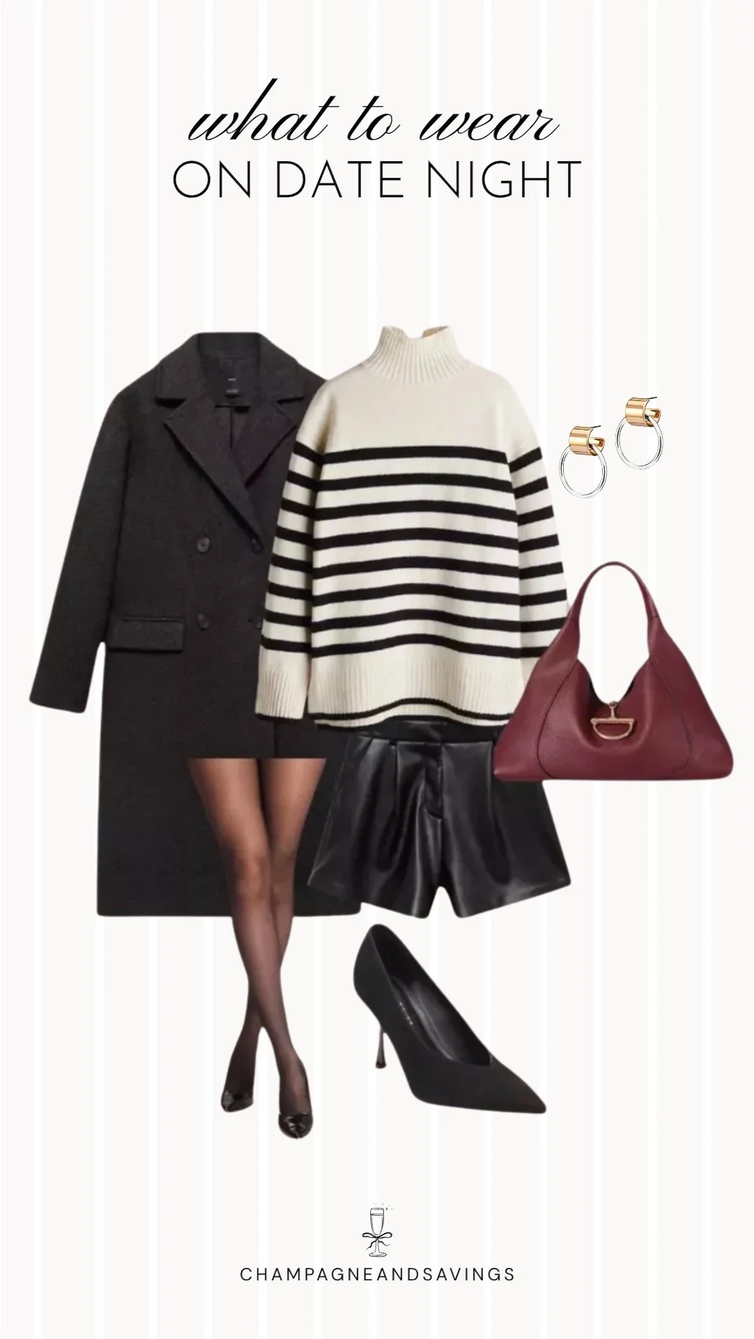 Collage of outfit pieces featuring a striped sweater styled with leather shorts and tights for a cozy and edgy fall date night outfit idea.