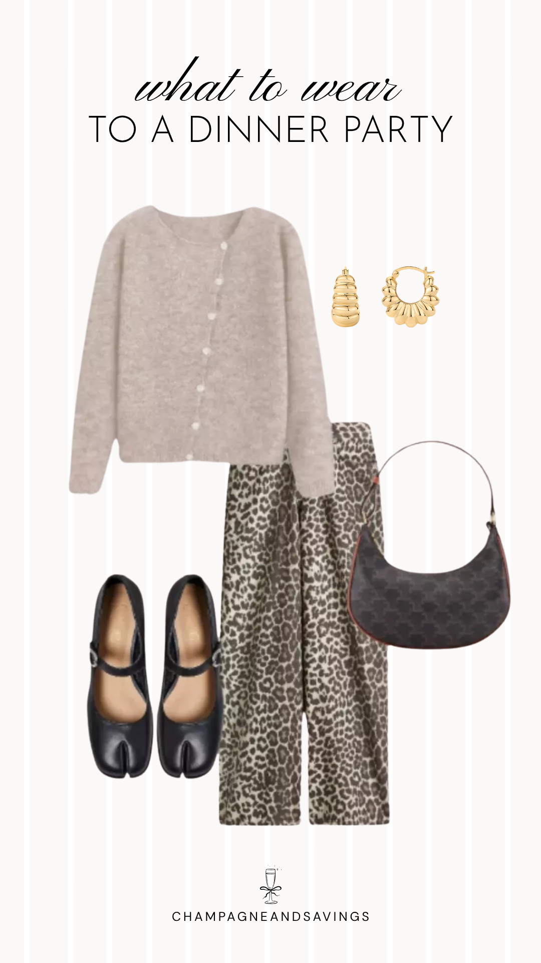 A dinner party outfit idea featuring a taupe cardigan paired with leopard print pants for a cozy yet stylish fall look that effortlessly combines neutral tones with a bold statement pattern.