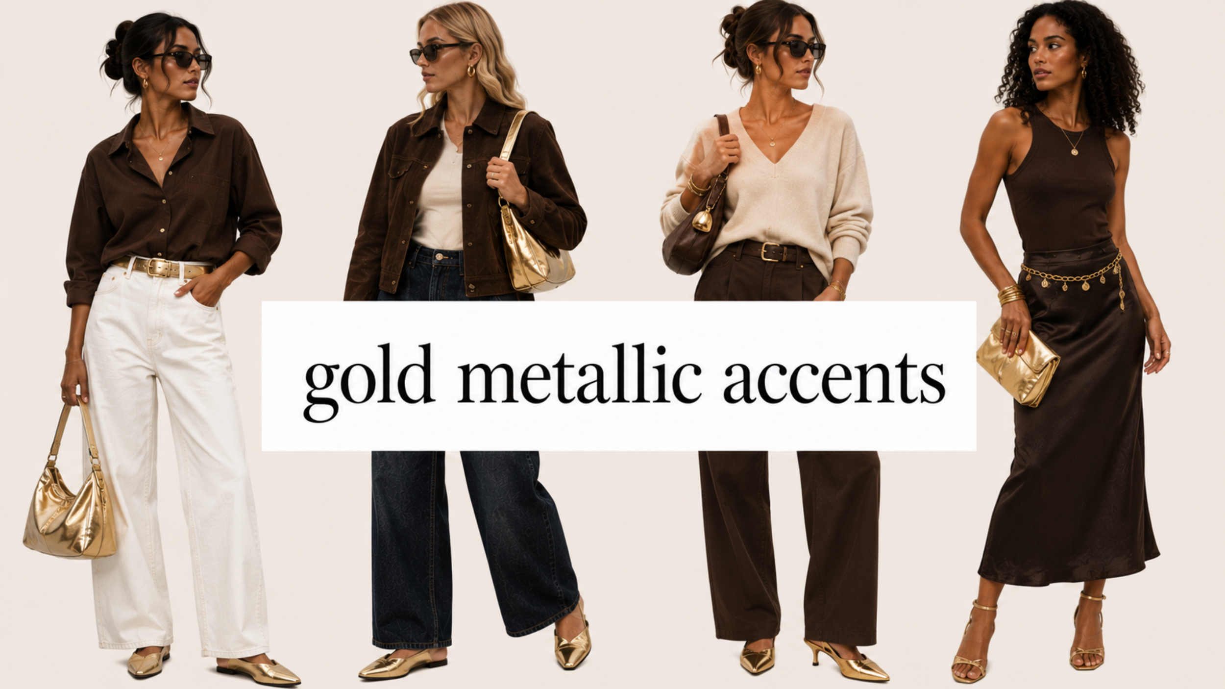 Gold metallic fashion trend for 2027 featuring a collage of clothing, shoes, bags, and accessories with gold metallic accents.