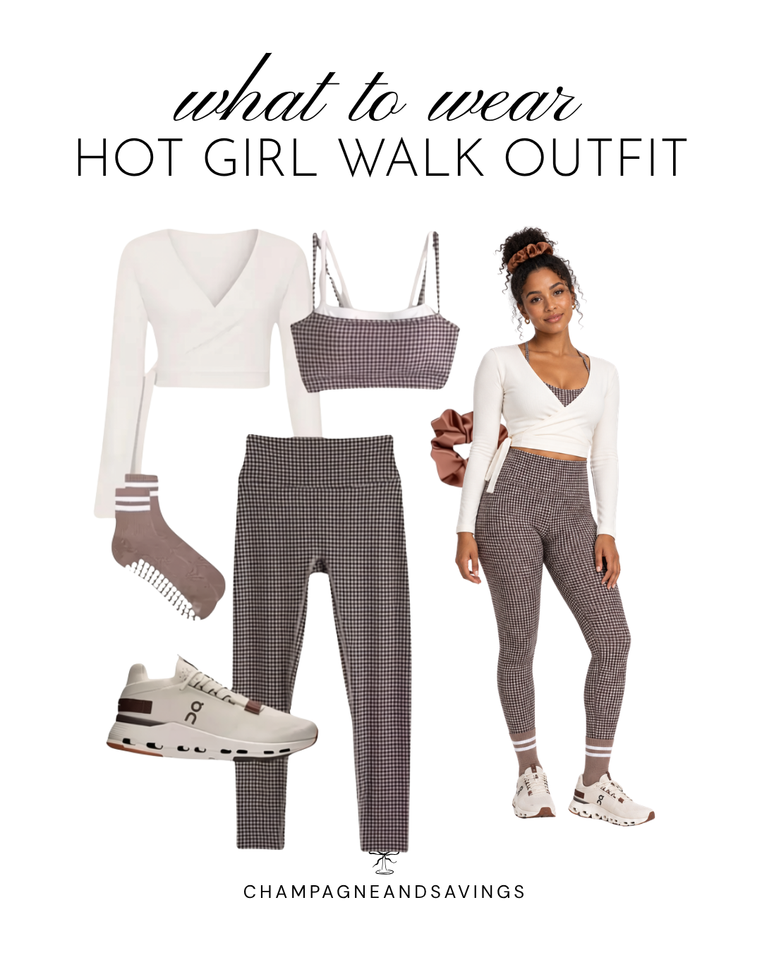 Hot girl walk outfit idea featuring a gingham workout set paired with a wrap top, shown in a collage of outfit pieces for a cute and sporty walking outfit.
