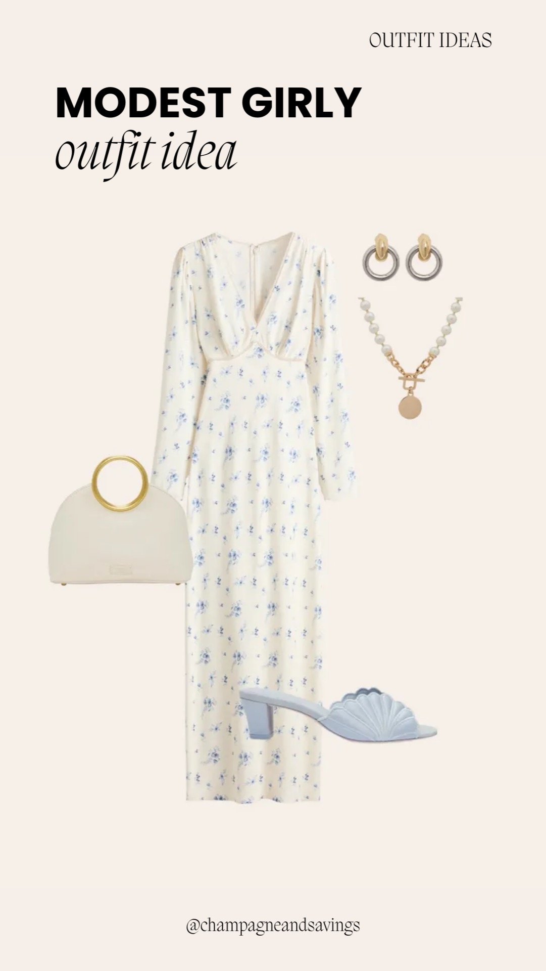 Modest girly outfit idea featuring a blue floral long sleeve maxi dress paired with coordinating feminine pieces, styled together as coordinated outfit pieces.