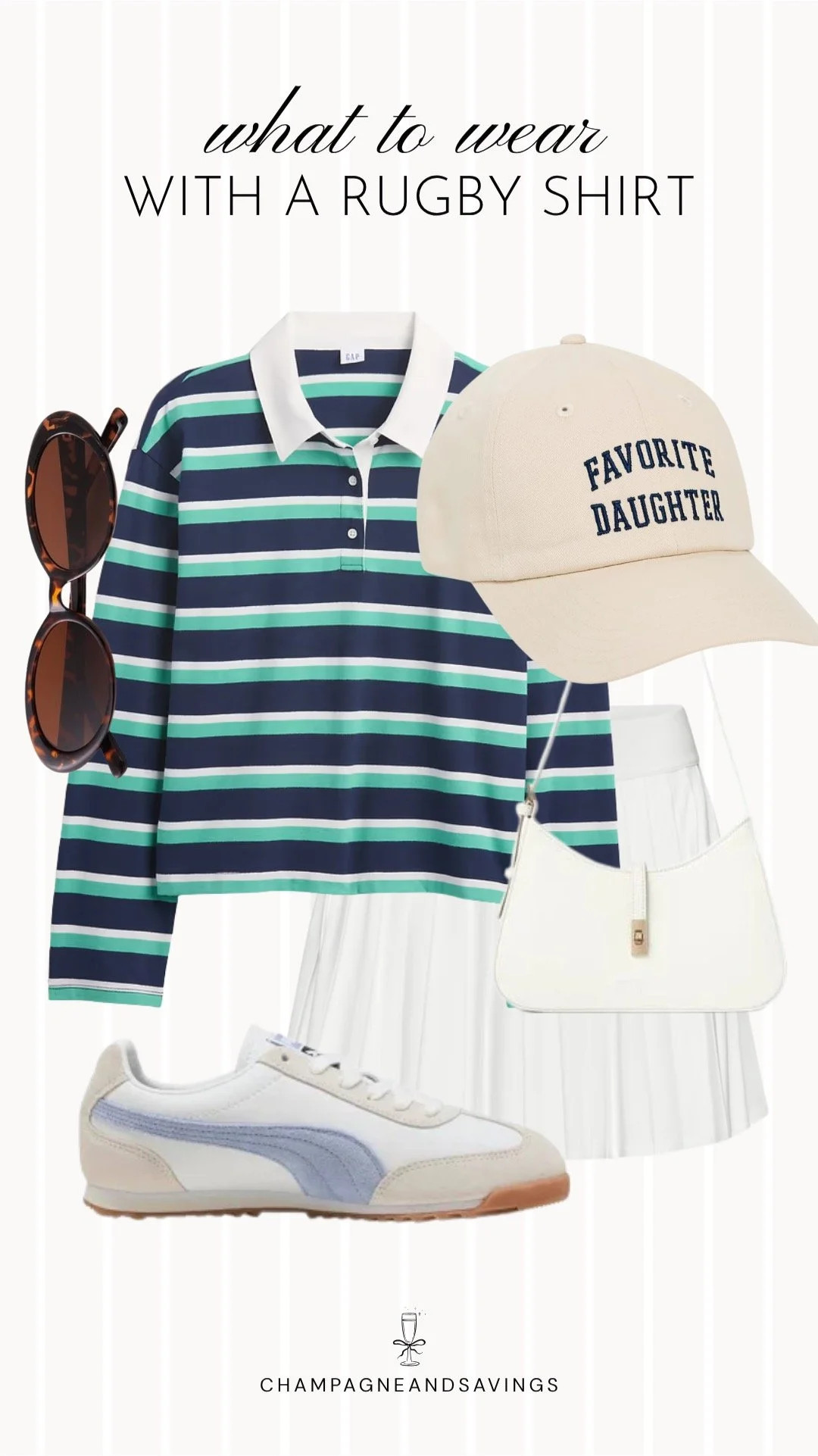 A sporty chic rugby shirt outfit featuring a classic rugby shirt paired with a pleated tennis skirt and sneakers, creating a fun, preppy look that's perfect for casual weekends, errands, or game day style.
