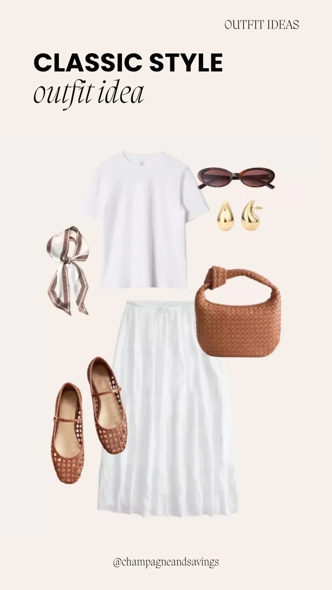 Image of a classic outfit collage featuring a white tee paired with a white maxi skirt and Mary Jane flats styled together with coordinating accessories arranged as outfit pieces