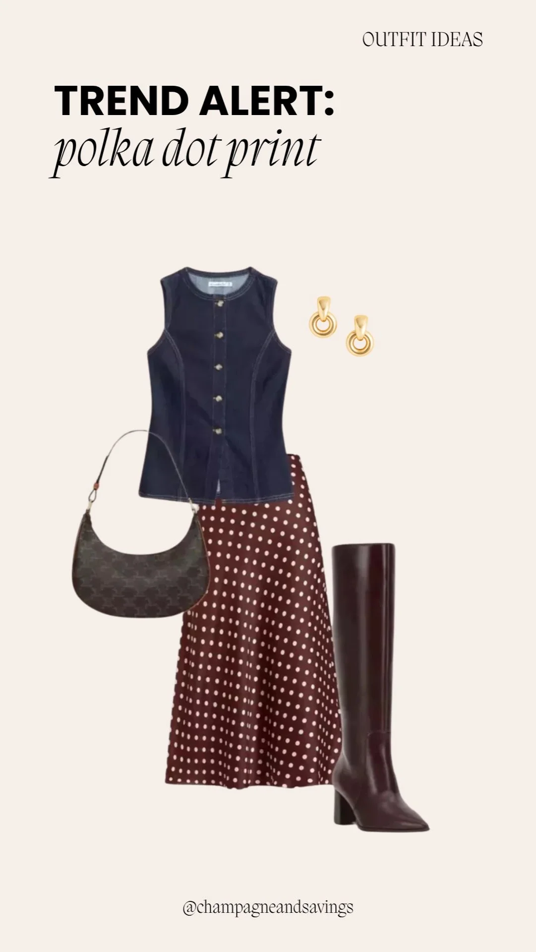 Collage of outfit pieces featuring a polka dot midi skirt paired with a denim vest top and tall boots, styled for a trendy, layered look.