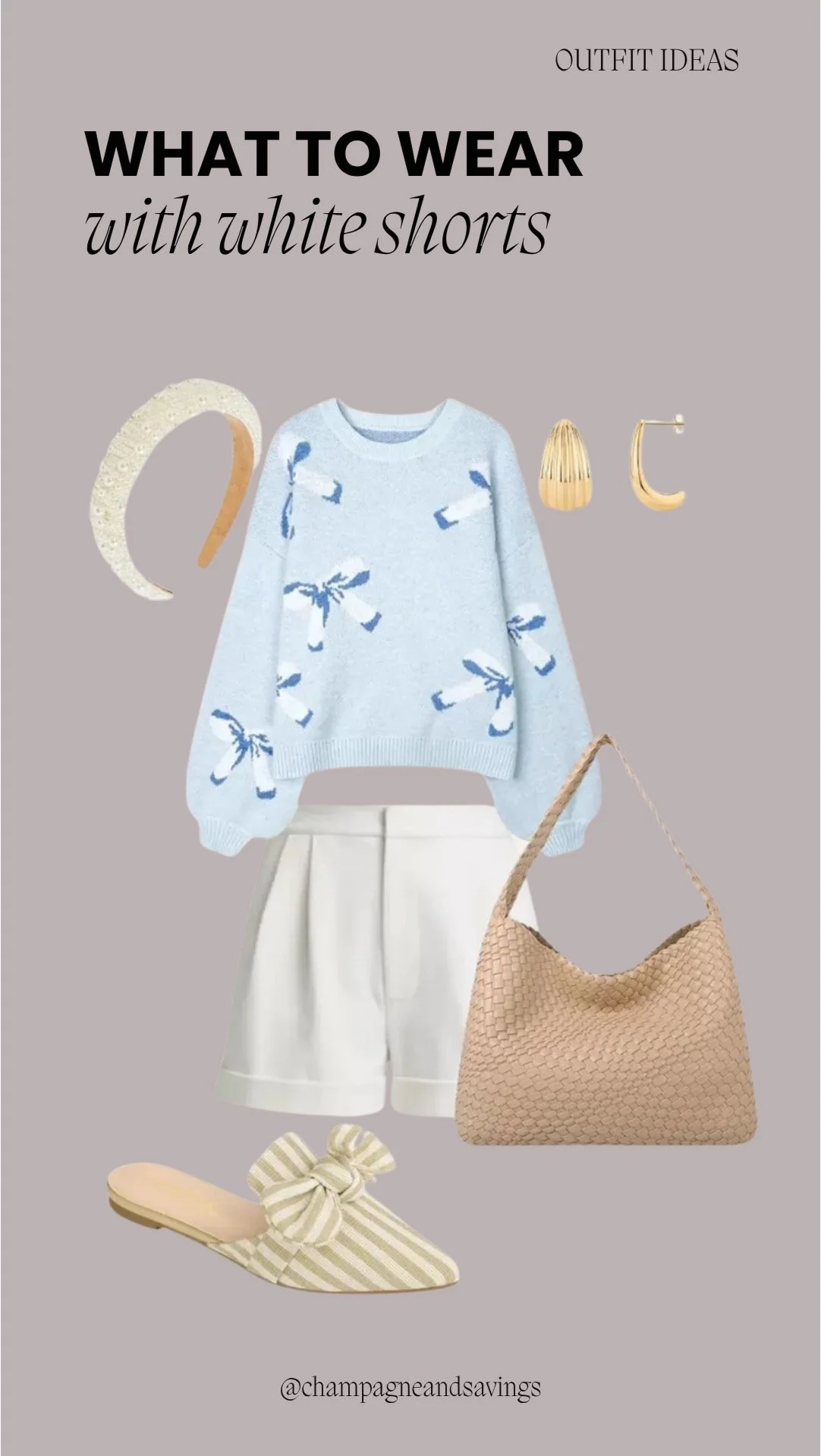 Collage of outfit pieces featuring white shorts styled with a bow sweater and striped mules for a playful, polished look.