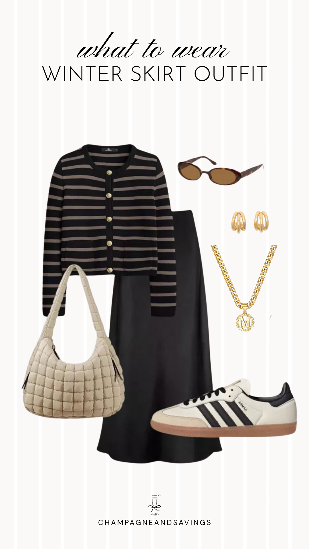 Black maxi skirt and sneakers winter outfit idea with cozy layers and casual accessories for a chic cold-weather look.