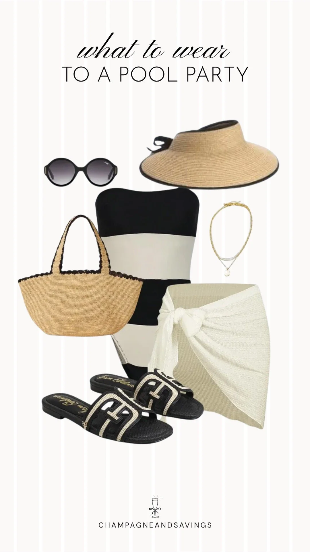 Collage of outfit pieces featuring a striped swimsuit styled with a white sarong for a chic and effortless pool party outfit idea.