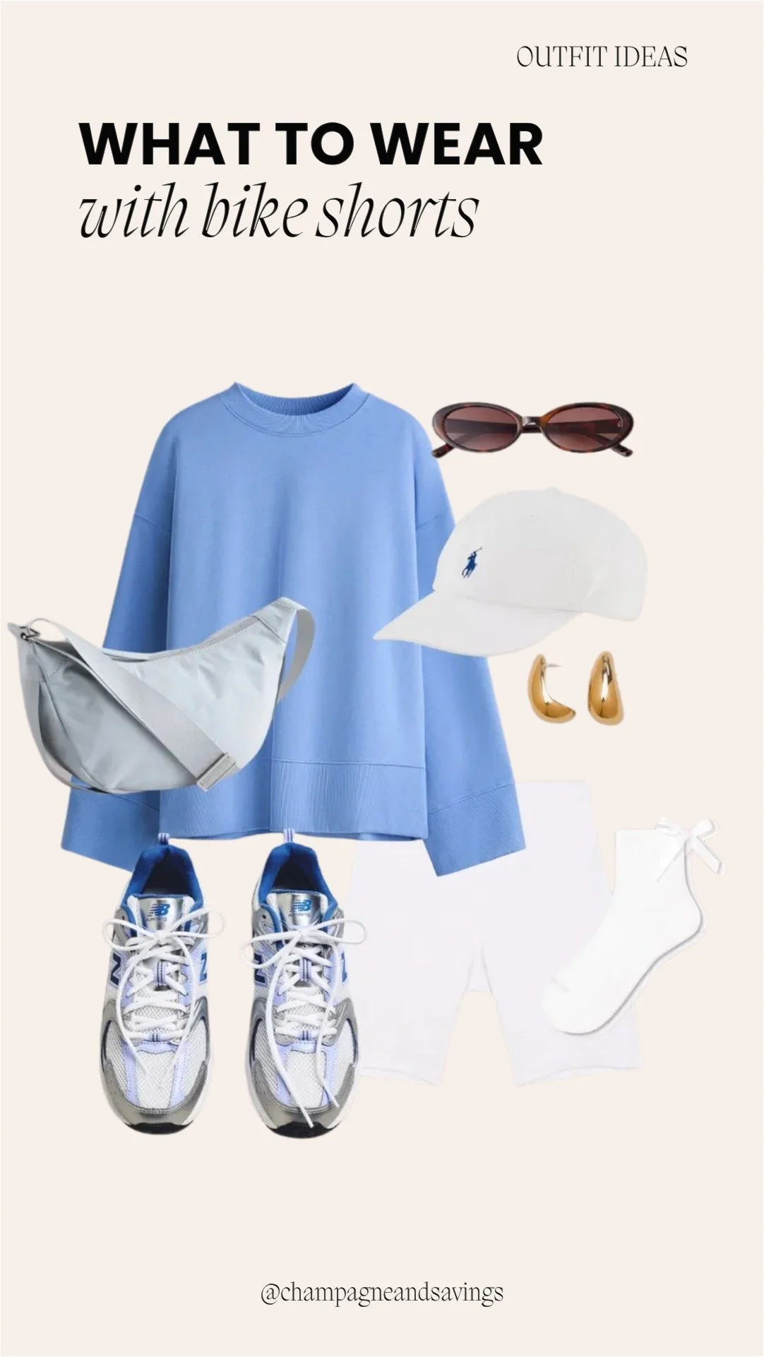 collage of bike shorts outfit idea featuring black bike shorts styled with an oversized sweatshirt and a fanny pack, including outfit pieces arranged on a clean background