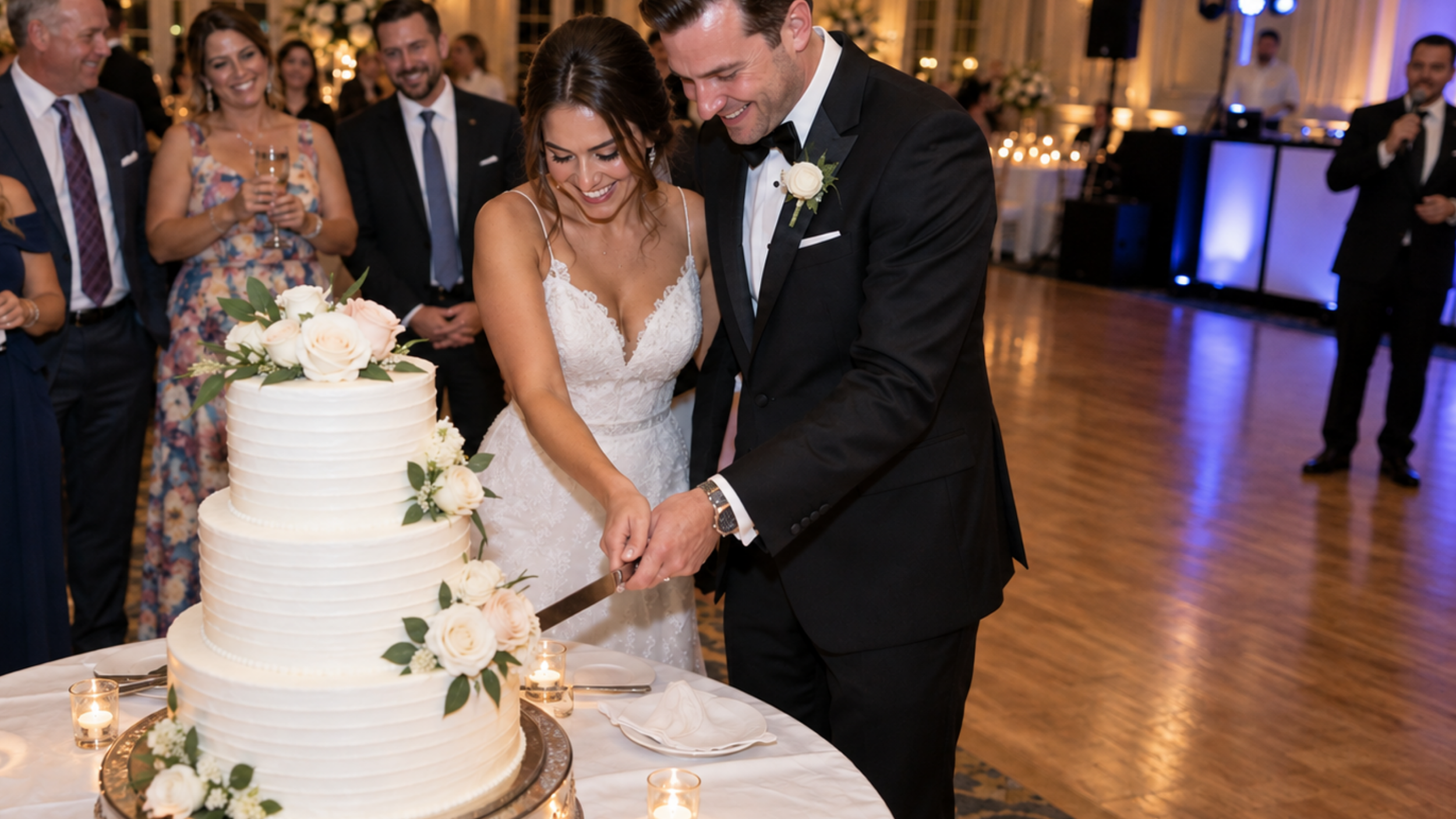Bride and groom cutting a three-tier white wedding cake while guests gather around them.