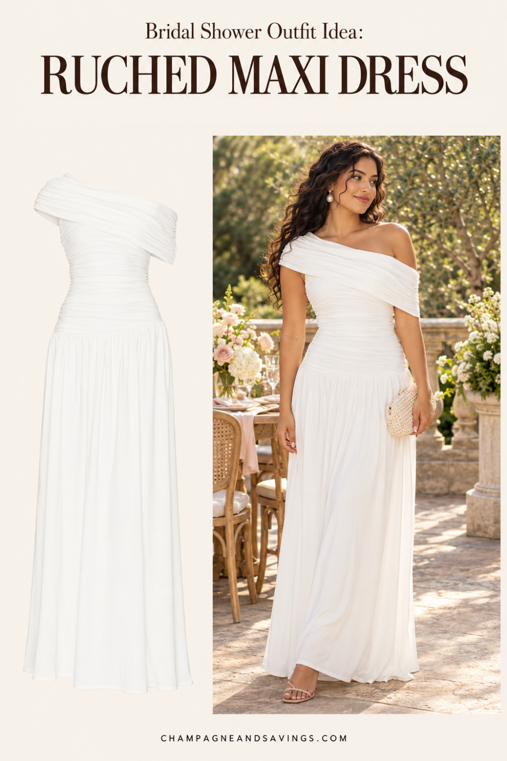 Trendy bridal shower outfit idea featuring a white ruched maxi dress, shown alongside a styled bridal look for the bride-to-be.