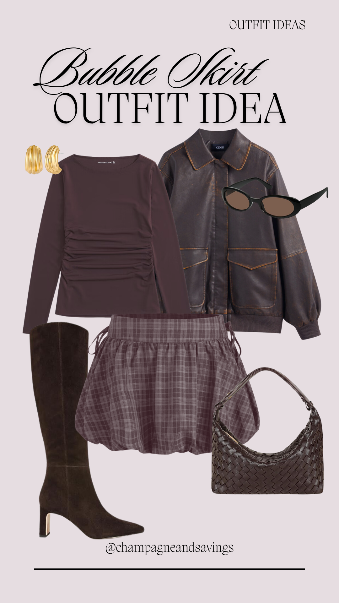 Plaid Mini Bubble Skirt With Leather Jacket and Tall Boots