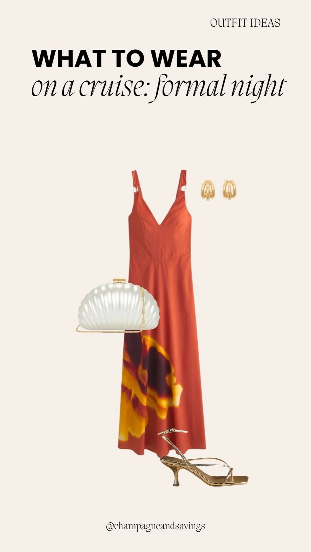 Sunset red statement dress styled as a bold cruise outfit, perfect for evening dinners, formal nights, and vacation photos.