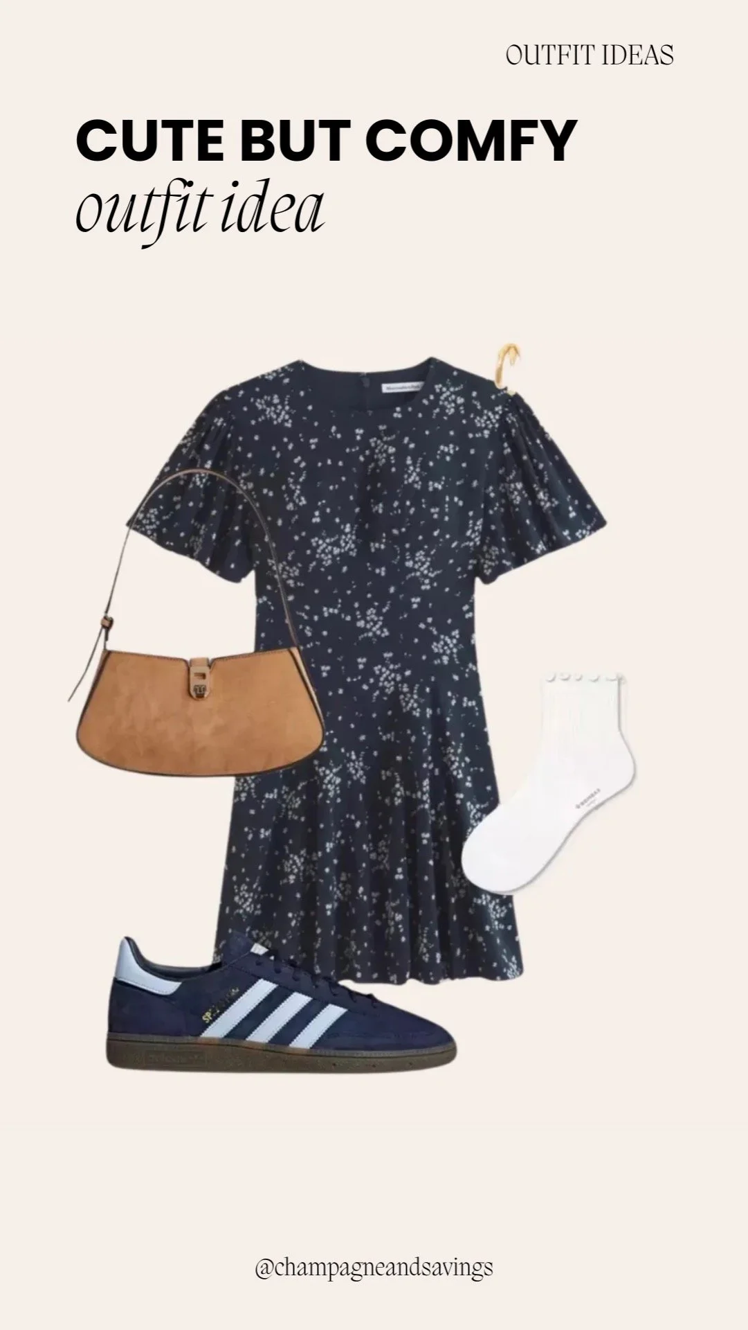 Outfit collage showing a cute and comfy outfit idea with a flowy mini dress and sneakers.