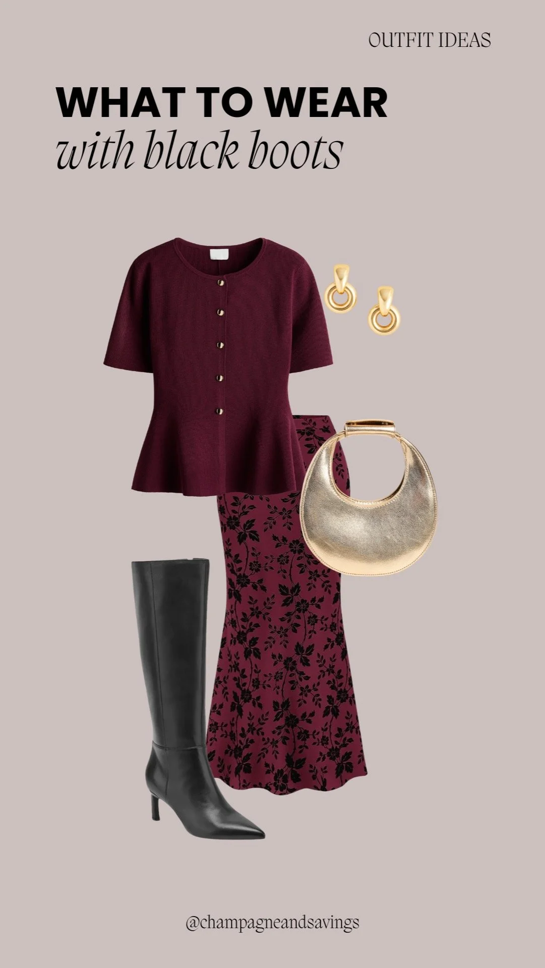 Burgundy and black outfit styled with black tall boots for a chic, coordinated look