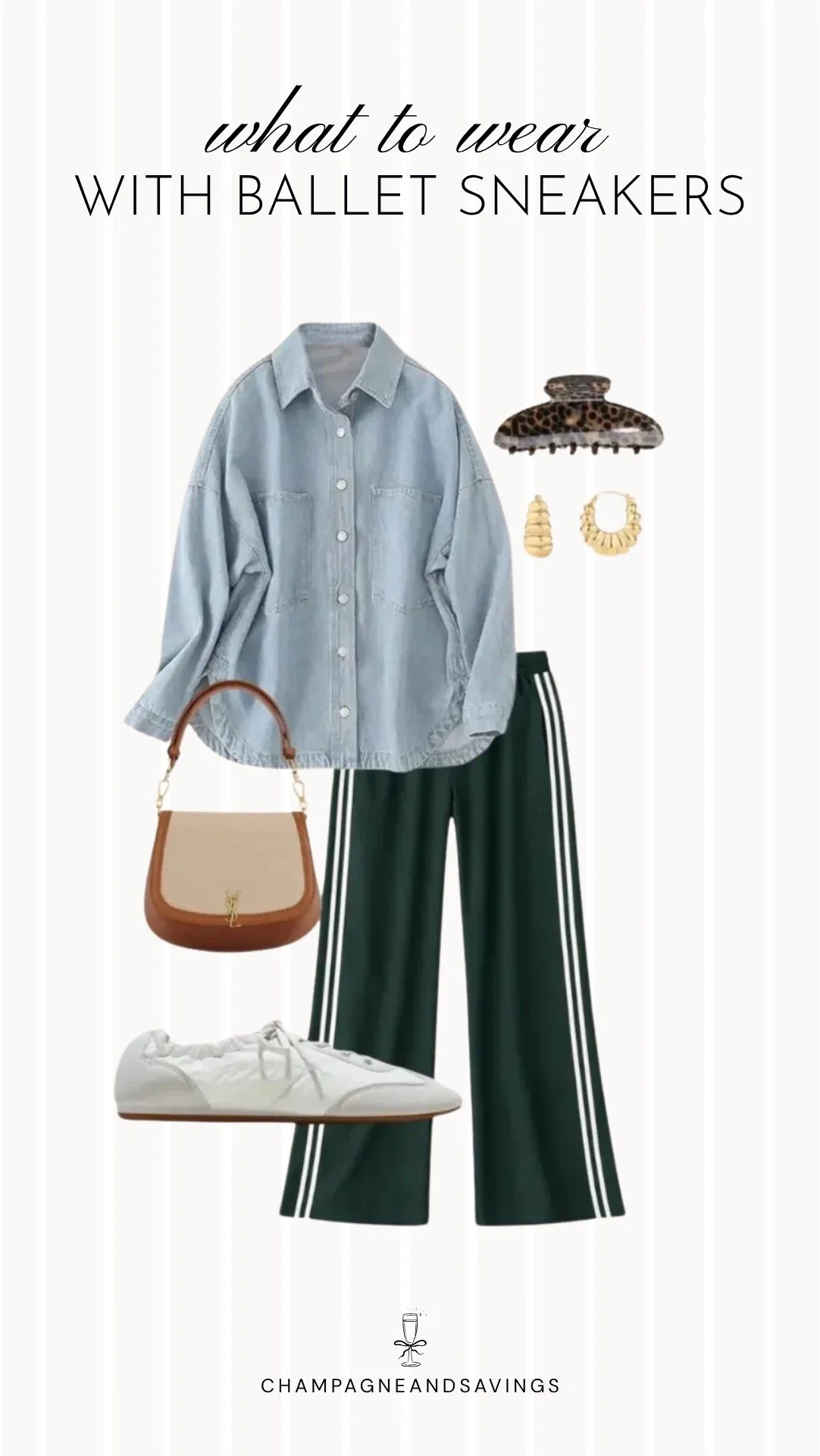 Collage of outfit pieces featuring ballet sneakers styled with track pants and a denim shirt for a sporty, casual outfit with an effortless everyday feel.