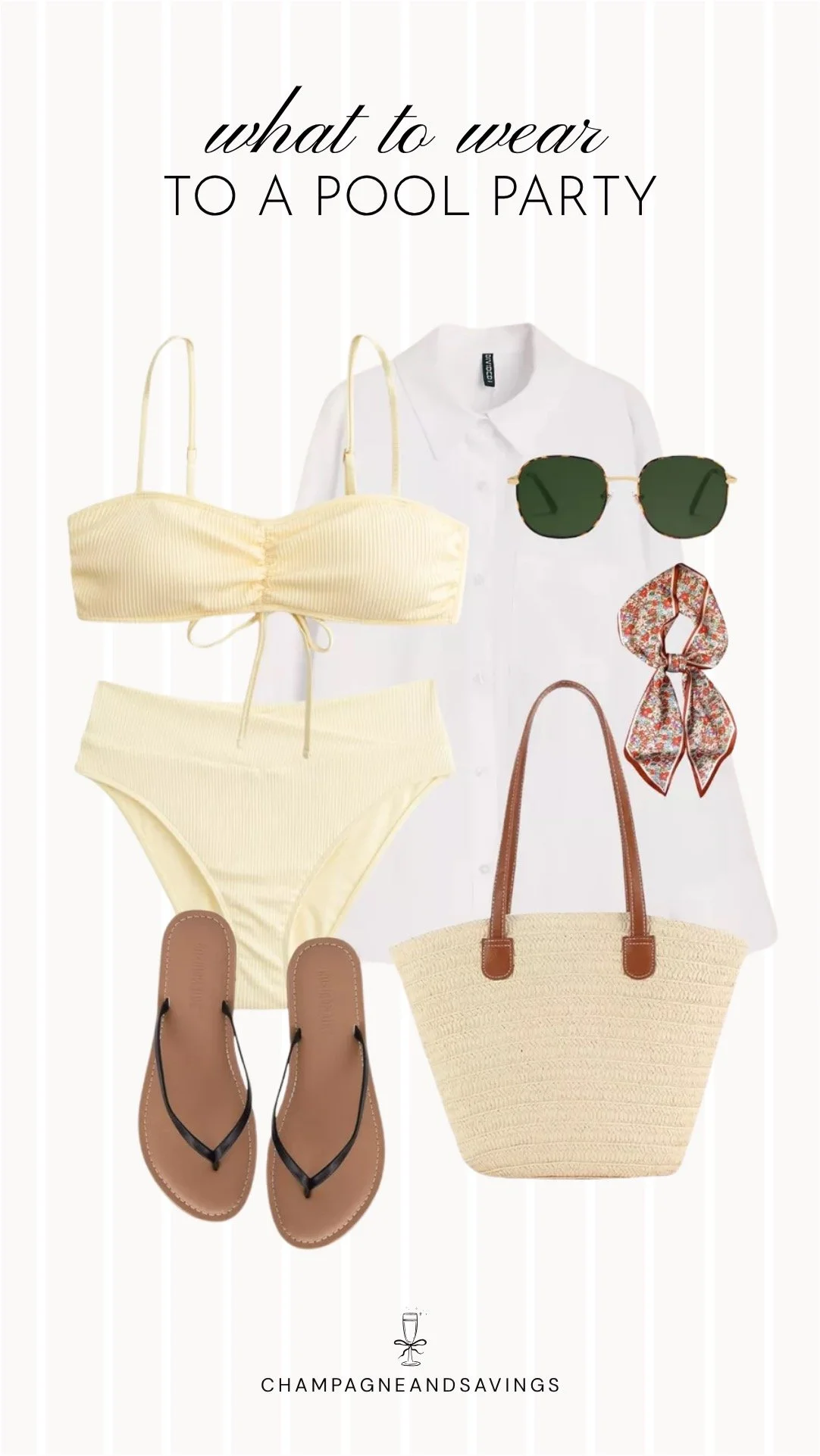 Collage of outfit pieces featuring a yellow bikini styled with a white button down for a bright and effortless pool party outfit idea.
