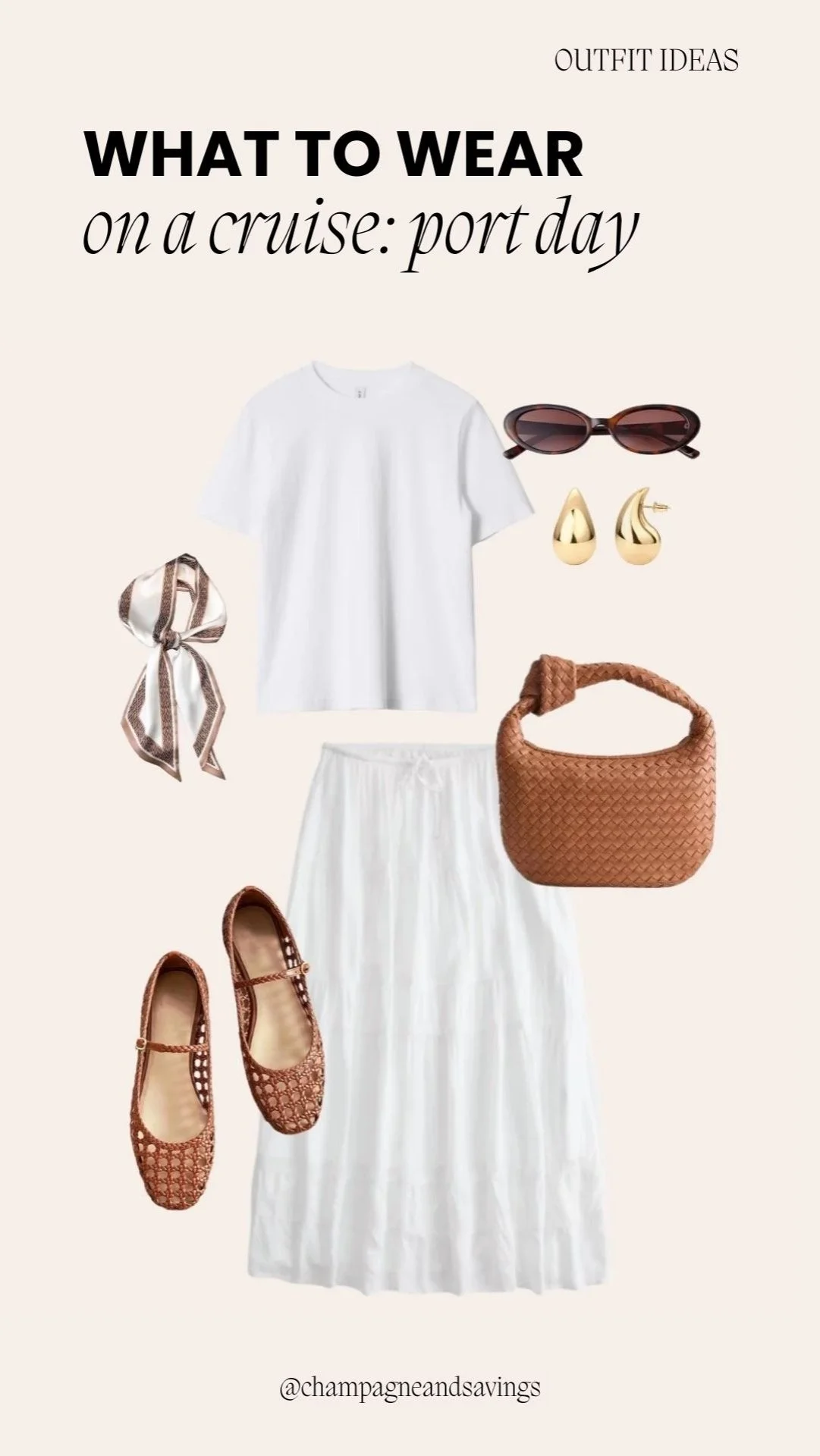 White tee paired with a flowy maxi skirt, styled as a comfortable cruise outfit perfect for daytime excursions and seaside strolls.