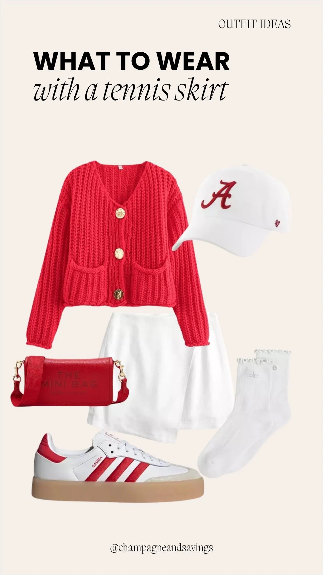 Tennis skirt outfit collage featuring a pleated tennis skirt styled with a red cardigan and sneakers for a classic sporty chic look.