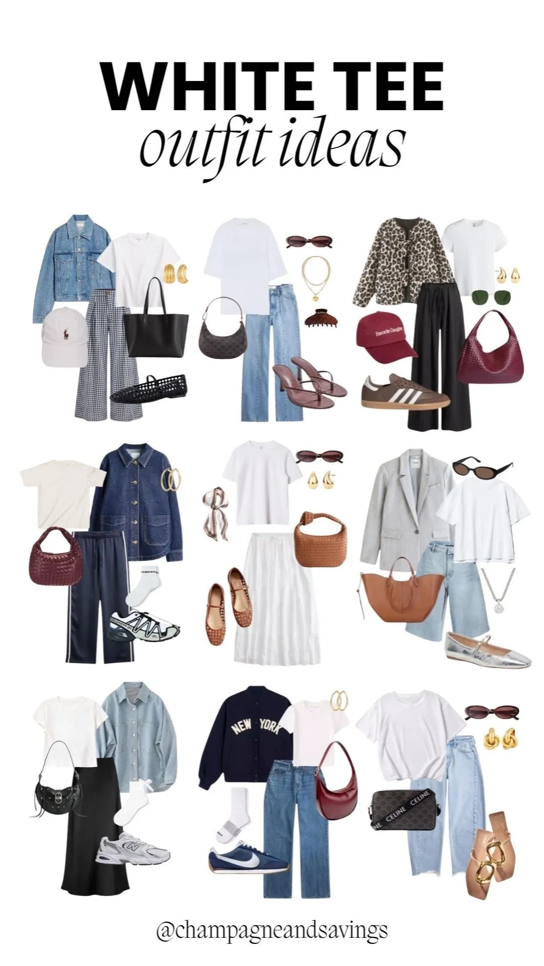 Collage of outfit ideas featuring a plain white t-shirt styled with skirts, jeans, shorts, blazers, jackets, and accessories for casual and polished looks.