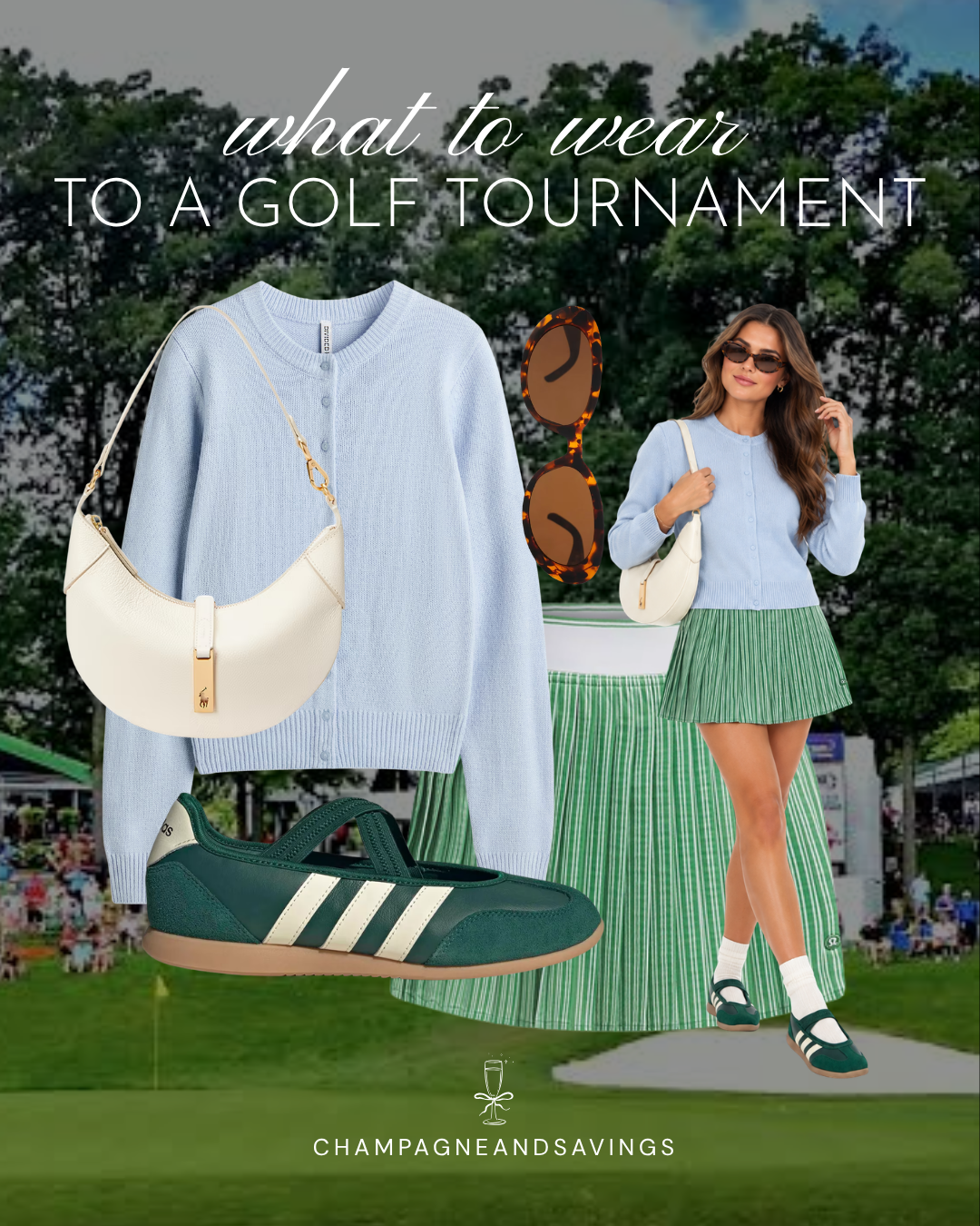 Cute golf tournament spectator outfit idea featuring a cardigan and sporty mini skirt, shown in a collage of outfit pieces for a stylish day on the course.