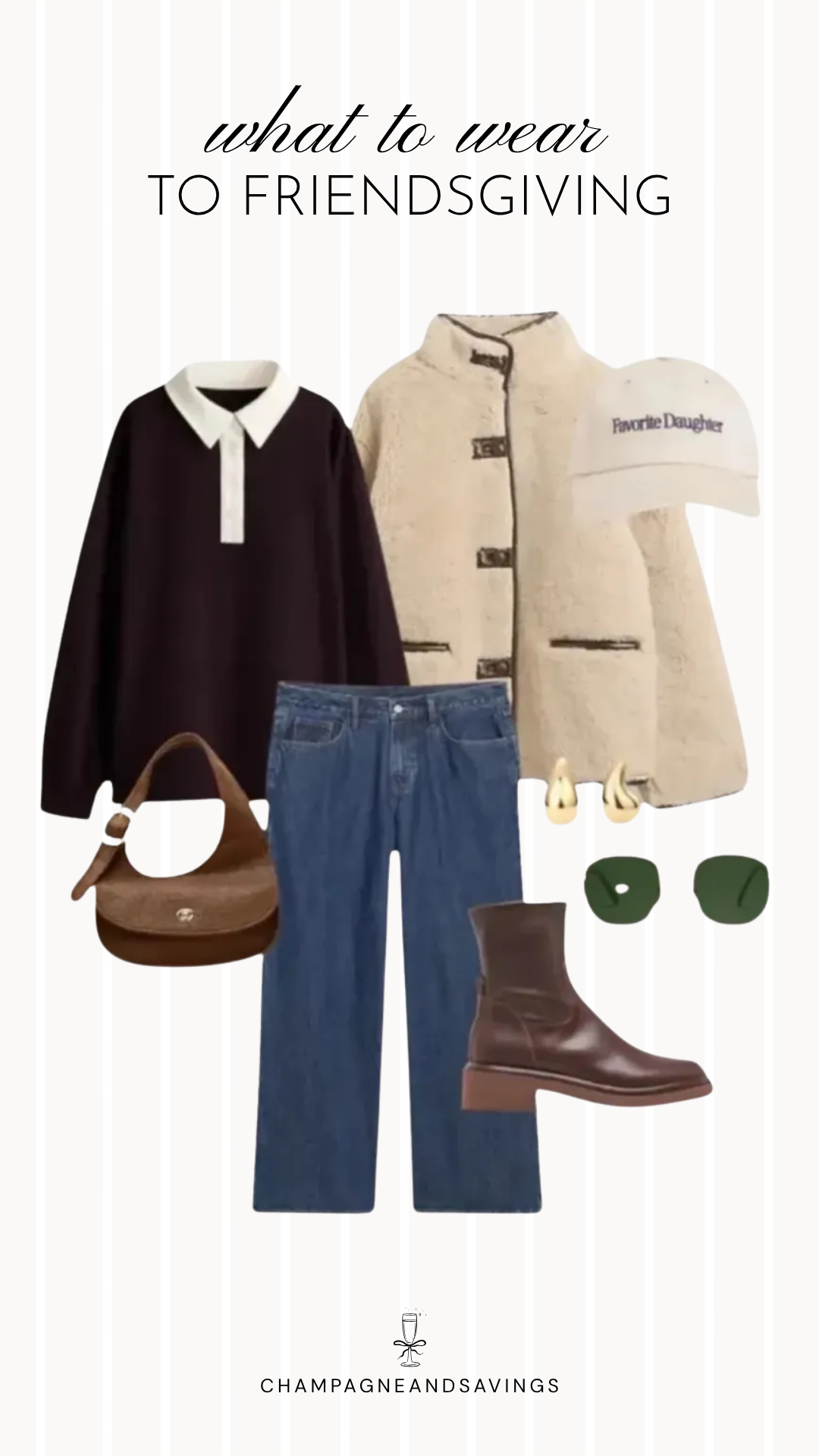 Friendsgiving outfit idea featuring a rugby shirt layered under a cozy shearling coat with wide leg jeans, styled together in a fall fashion collage for a casual yet chic Thanksgiving gathering.