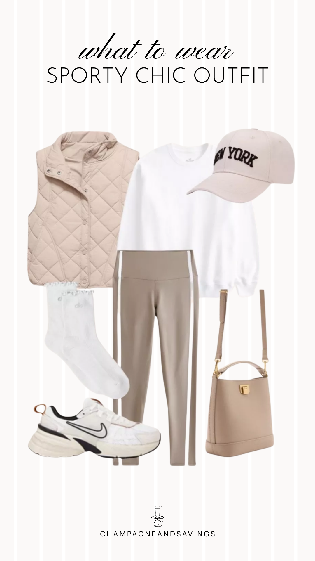 Collage of sporty chic outfit pieces featuring a quilted vest layered over a graphic sweatshirt with leggings for a comfortable, sporty chic everyday look.