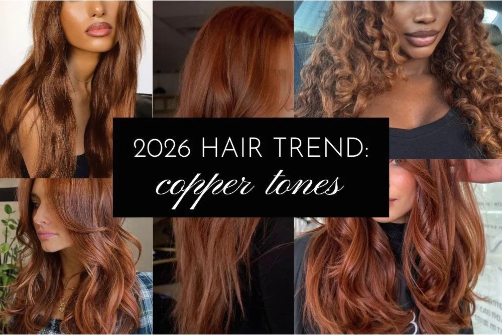 collage of the 2026 hair trend: copper tones