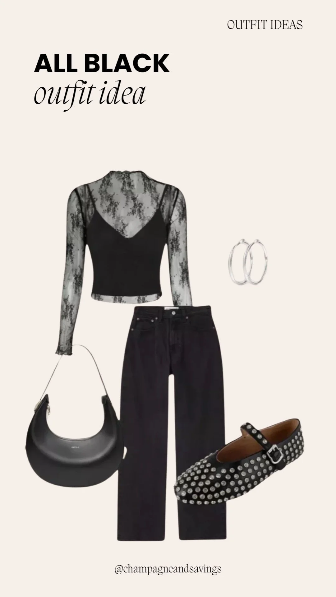 Outfit collage showing a cute and comfy all-black outfit idea with a sheer lace top and black jeans.