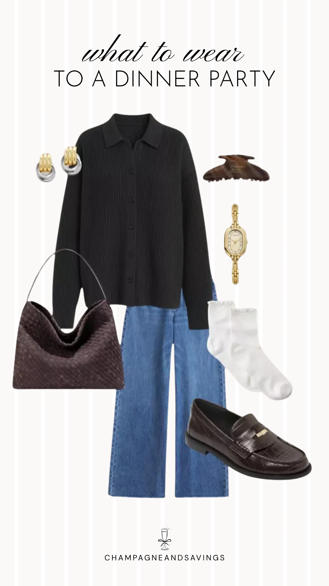 A dinner party outfit idea featuring a black button cardigan styled with croc loafers for a classic, polished fall look that's comfortable enough for hosting or attending a cozy gathering.